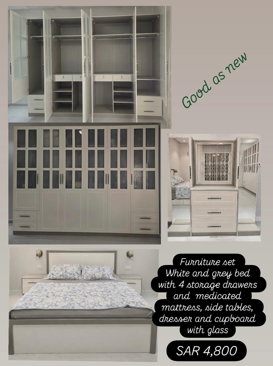 Sulaymania, Furniture, SAR 4800,  Complete Grey & White Bedroom Set With Extra Storage – Excellent Condition | طقم غرفة نوم