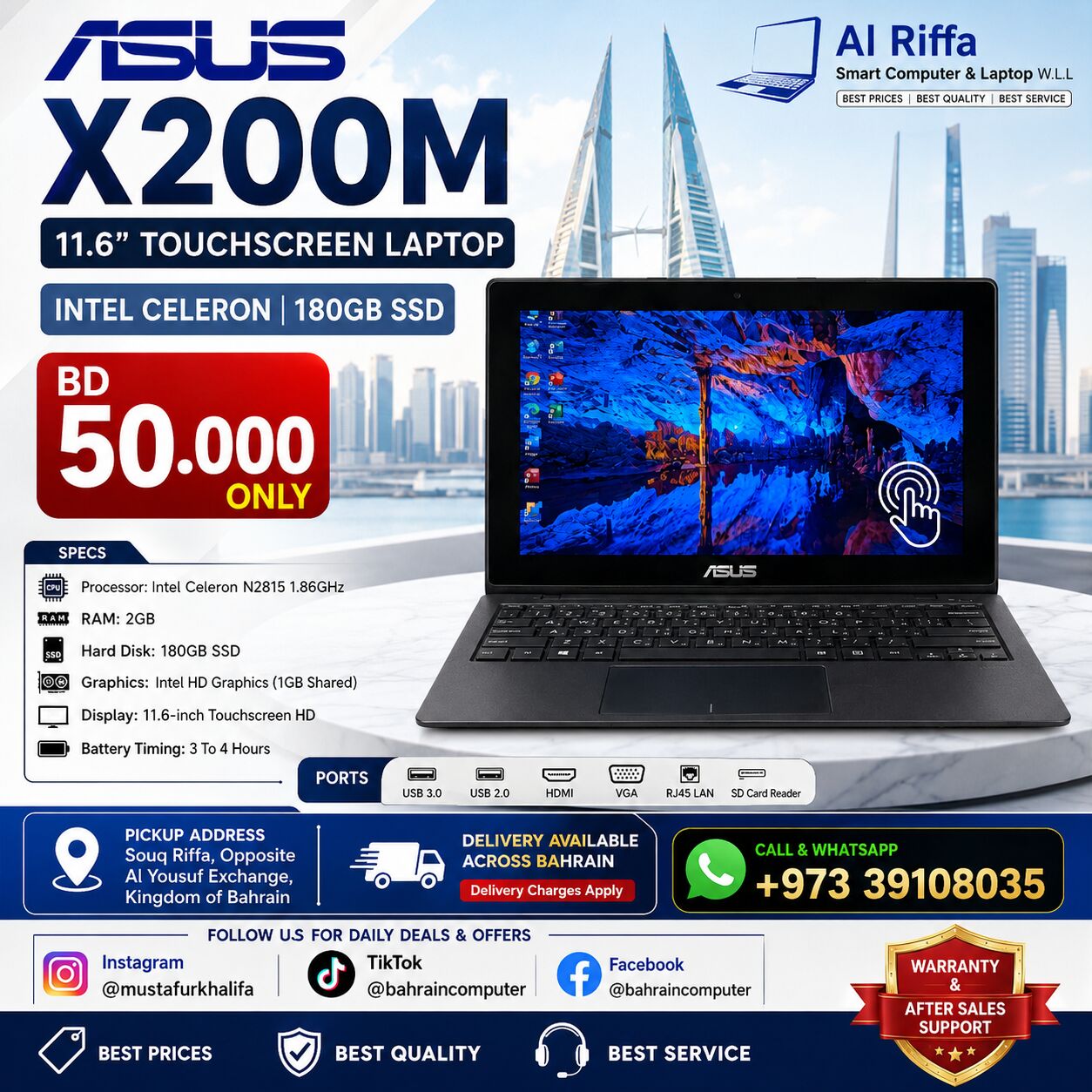 Riffa, Computers, BHD 50,  Asus X200M 11.6 Inch Touchscreen Intel Celeron 180 GB SSD BD 50.000 Only