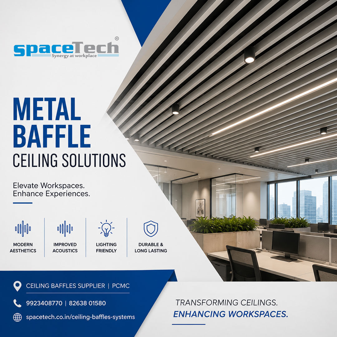 Pune, Interior Design, Metal Baffle Ceiling Pune - SpaceTech Interior Systems