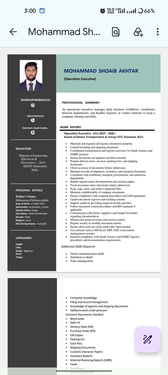 Dammam, Job Seekers, Document Controller / Operation Executive / Logistics Coordinator