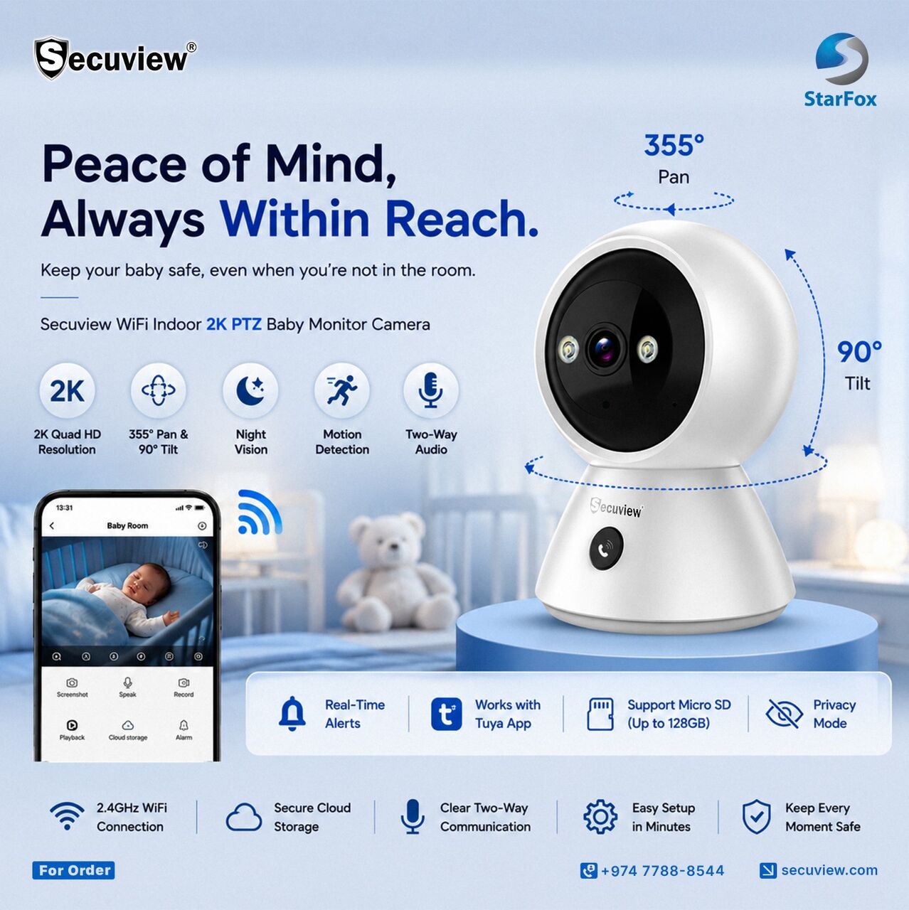 Doha, Electronics, QAR 129,  Secuview WiFi Indoor 2K PTZ Baby Monitor Camera