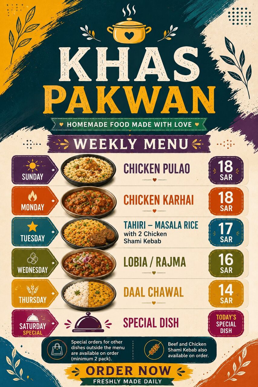 Khobar, Food, SAR 14,  Homemade Food - Weekly Menu - Daily Available