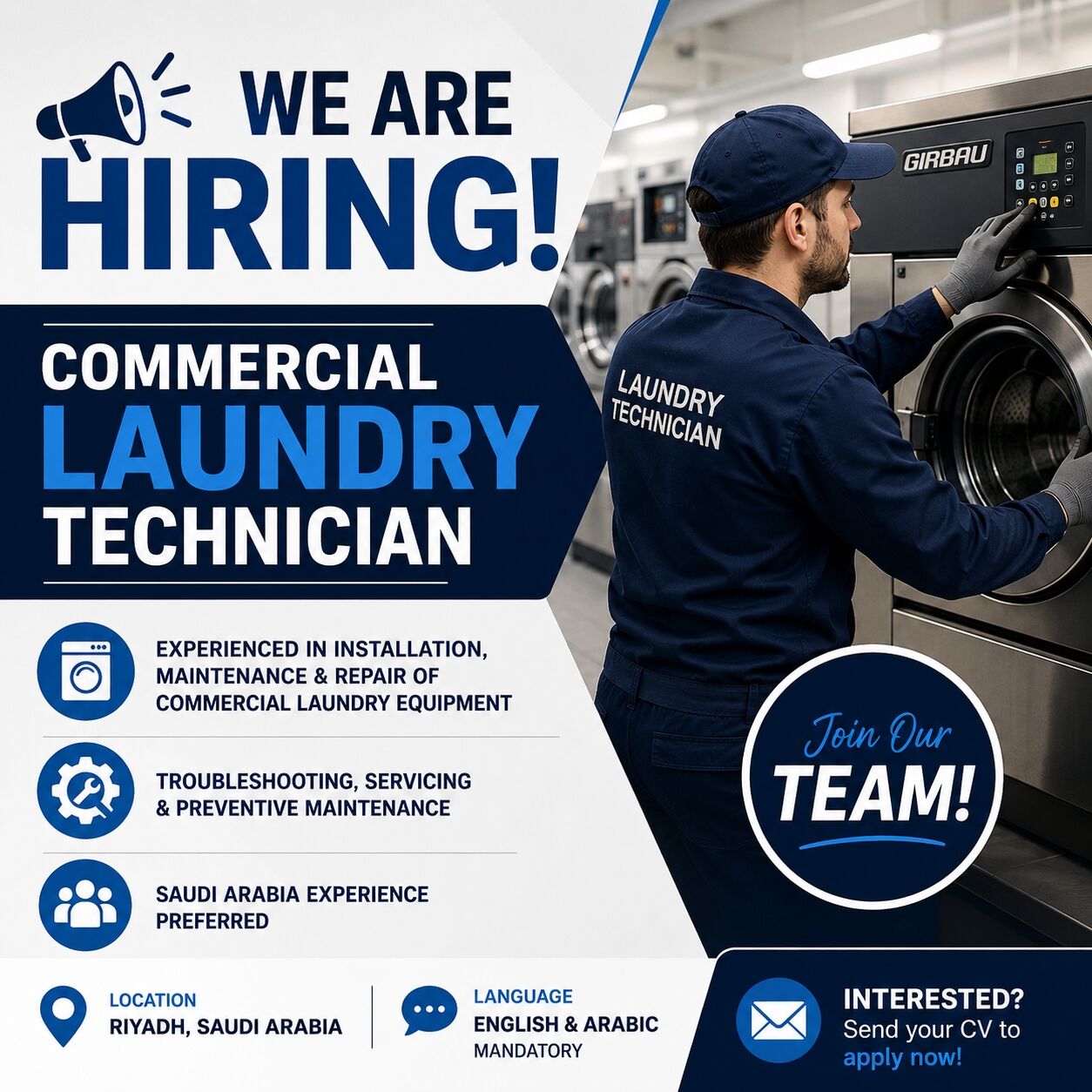 Riyadh, Jobs, Commercial Laundry Technician.