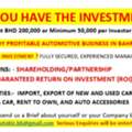 PROFITABLE AUTOMOTIVE COMPANY IN BAHRAIN LOOKING FOR PARTNERS
