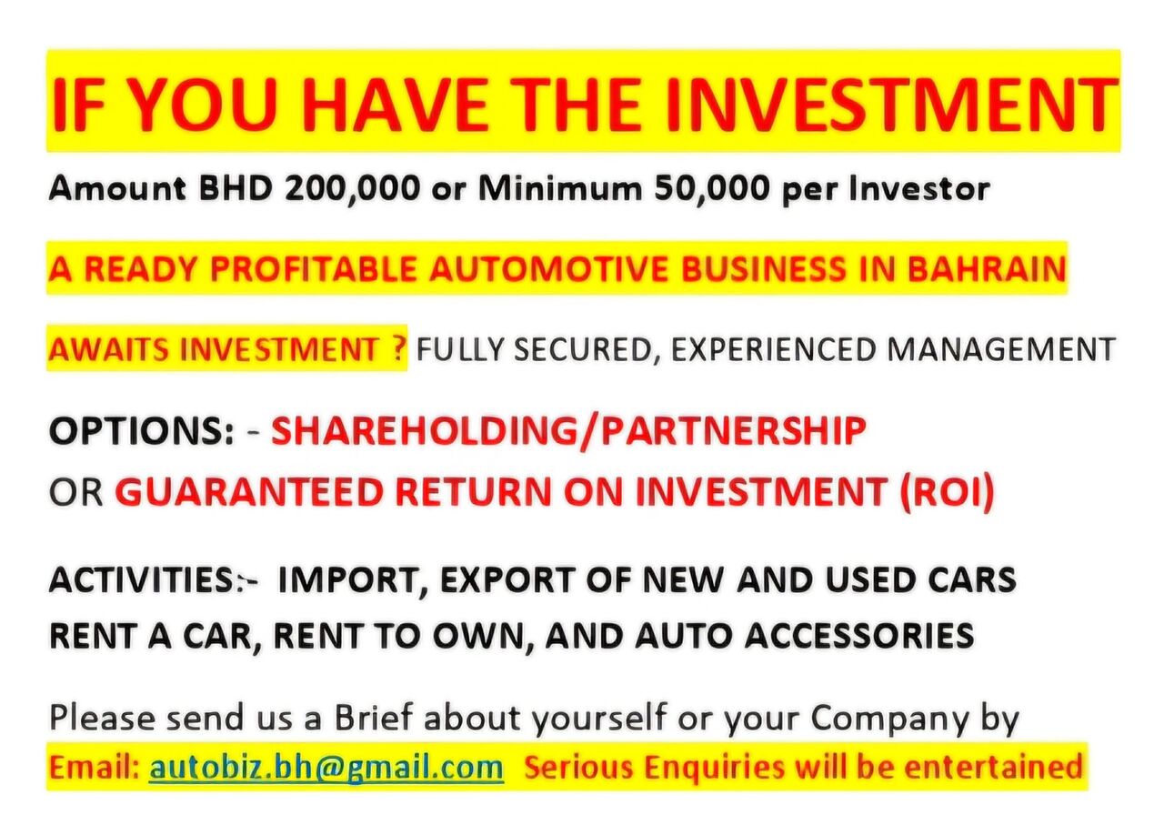 Riyadh, Business Partners, BAHRAIN PROFITABLE AUTOMOTIVE COMPANY REQUIRES PARTNERS