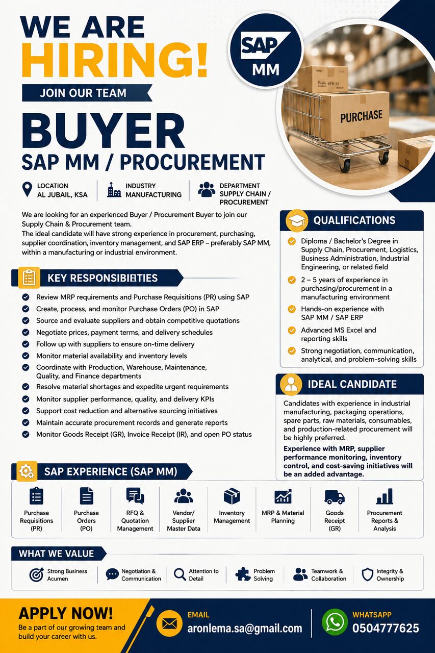 Jubail, Jobs, BUYER / PROCUREMENT BUYER