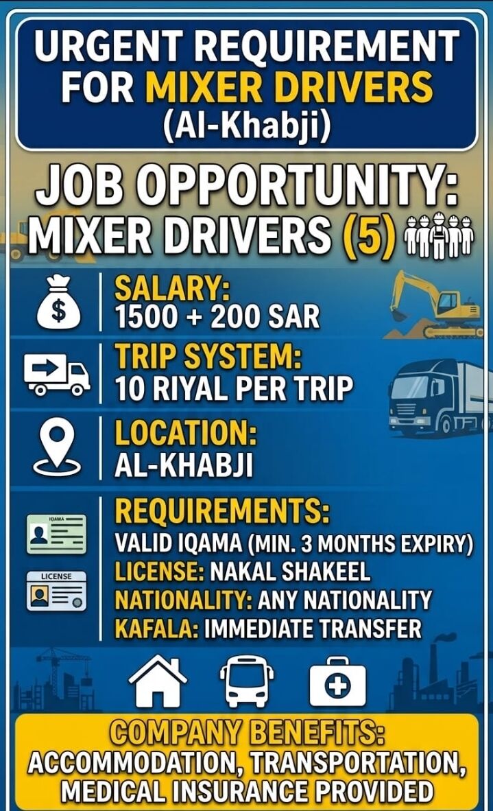 Jeddah, Jobs, Urgent Requirement For Mixer Driver