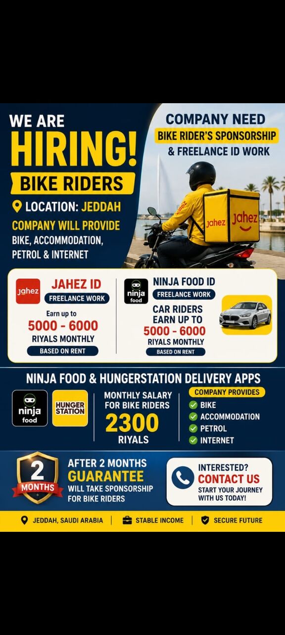 Jeddah, Jobs, Delivery Riders Needed – Freelance Work & Sponsorship Available 🏍 🚗