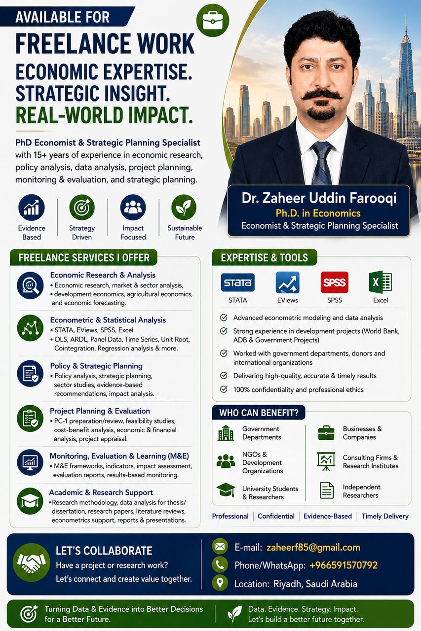 Riyadh, Business, Professional Economist & Research Consultant | Freelance Economic, Data Analysis & M&E Ser