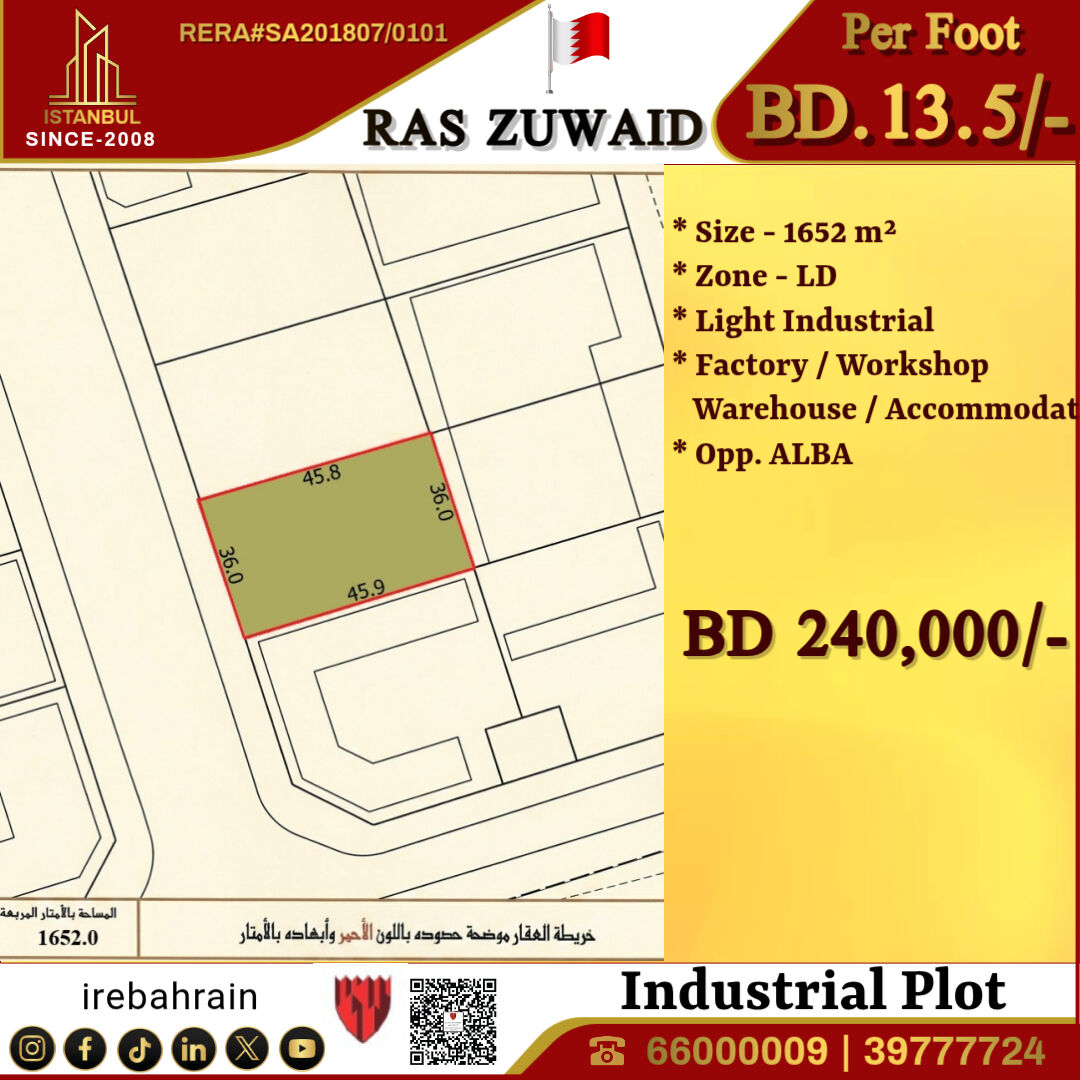 Asker, Industrial Land, BHD 240000,  Industrial Plot ( LD ) For Sale In Ras Zuwaid, Opp. ALBA