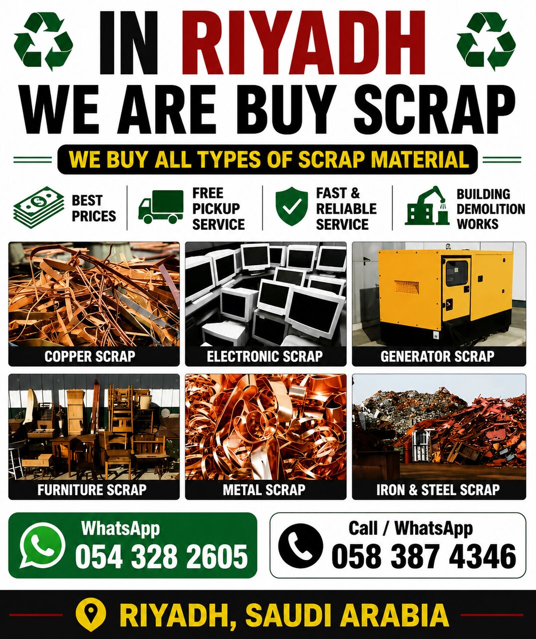 Riyadh, Items Wanted, Scrap Buyer Iron Wire Copper Cable Aluminum Used Batteries Air-conditioning Scrap Brass