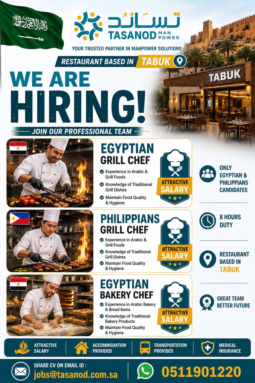 Riyadh, Jobs, Restaurant Based In Tabuk. Egyptian & Philippians Grill Chef Only & Egyptian Bakery Chef