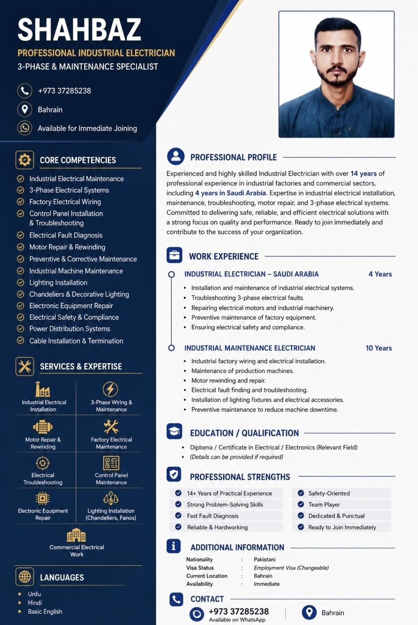 Manama, Job Seekers, ​Professional Industrial Electrician Shahbaz – 3-Phase & Maintenance Specialist ​