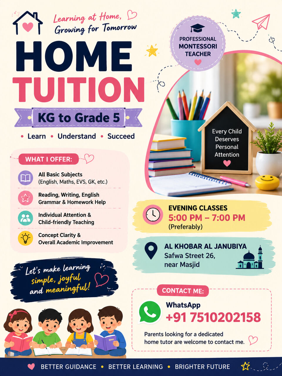 Khobar, Lessons Offered, Home Tuition For KG To Grade 5 &ndash; Professional Montessori Teacher