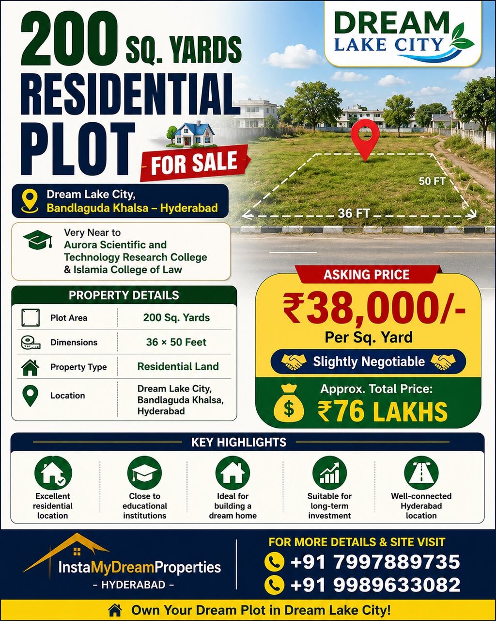 Hyderabad, Residential Plots, INR 38000,  200 Sq. Yard,  200 Sqrds Residential Land For Sale At Dream Lake City -Bandlaguda Khalsa
