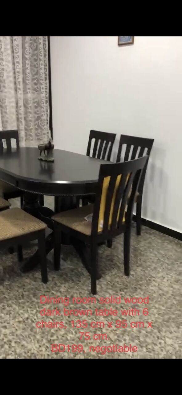 Tubli, Furniture, BHD 190,  Dining Room Solid Wood Dark Brown Table With 6 Chairs, 135 X 95 X 75. Price Is Negotiable