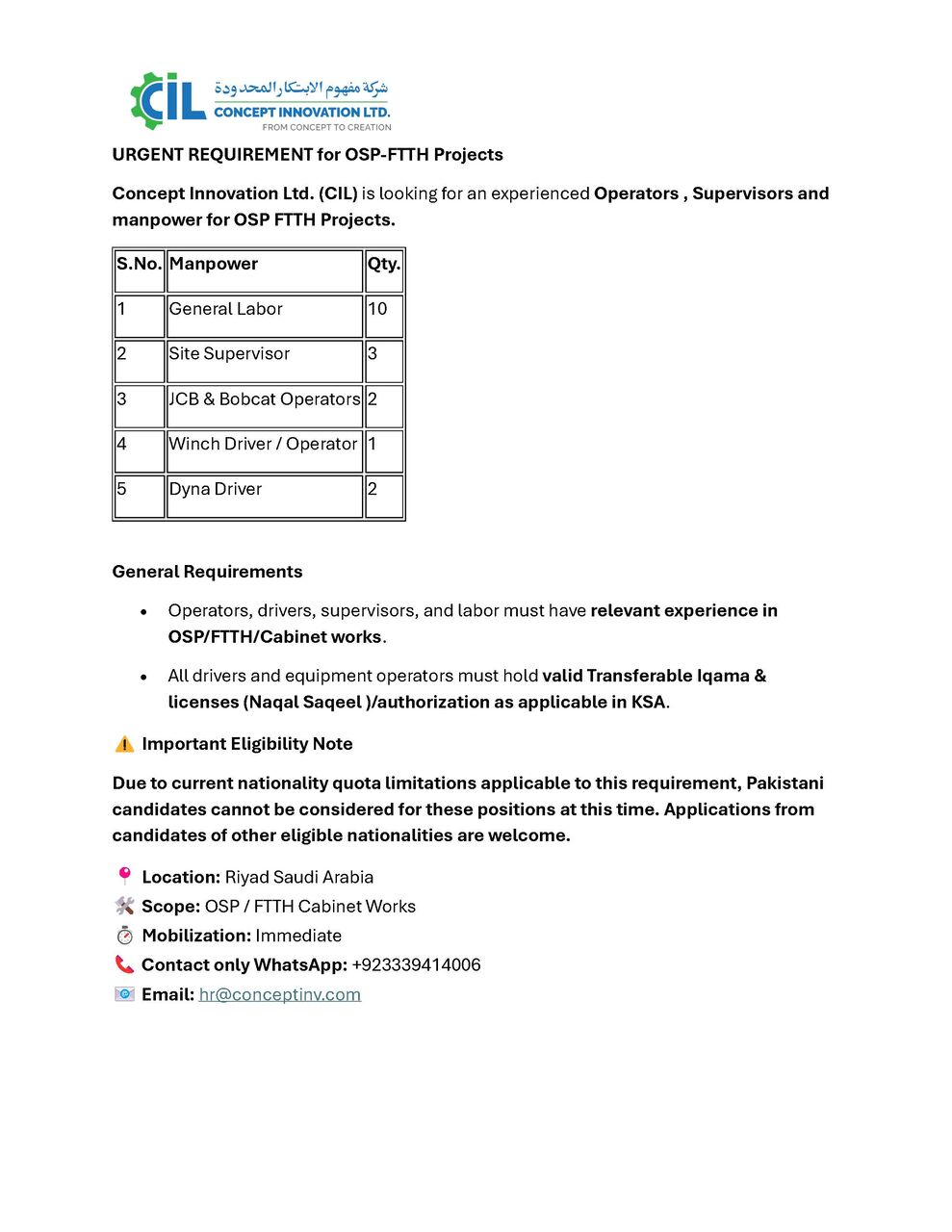 Riyadh, Jobs, Supervisor, Labors And Drivers Required
