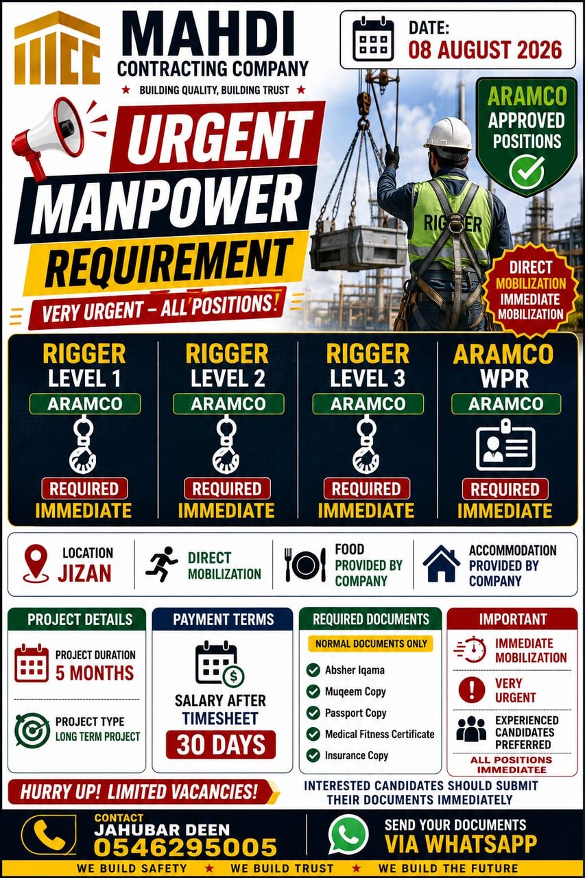 Jubail, Jobs, VERY URGENT MANPOWER REQUIREMENT