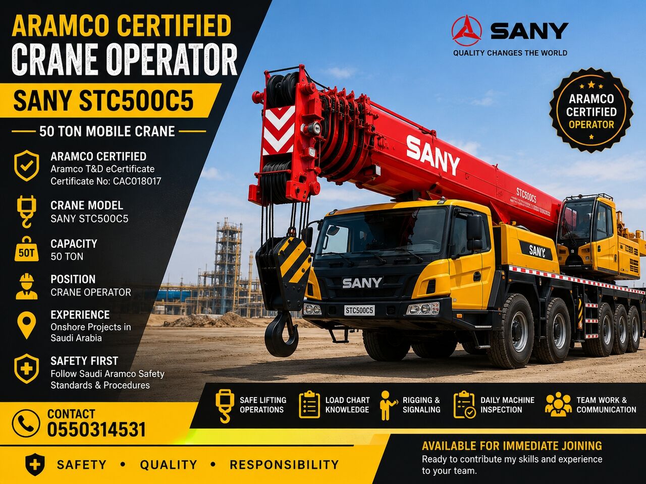 Jubail, Job Seekers, Aramco Certified Crane Operator - SANY STC500C5