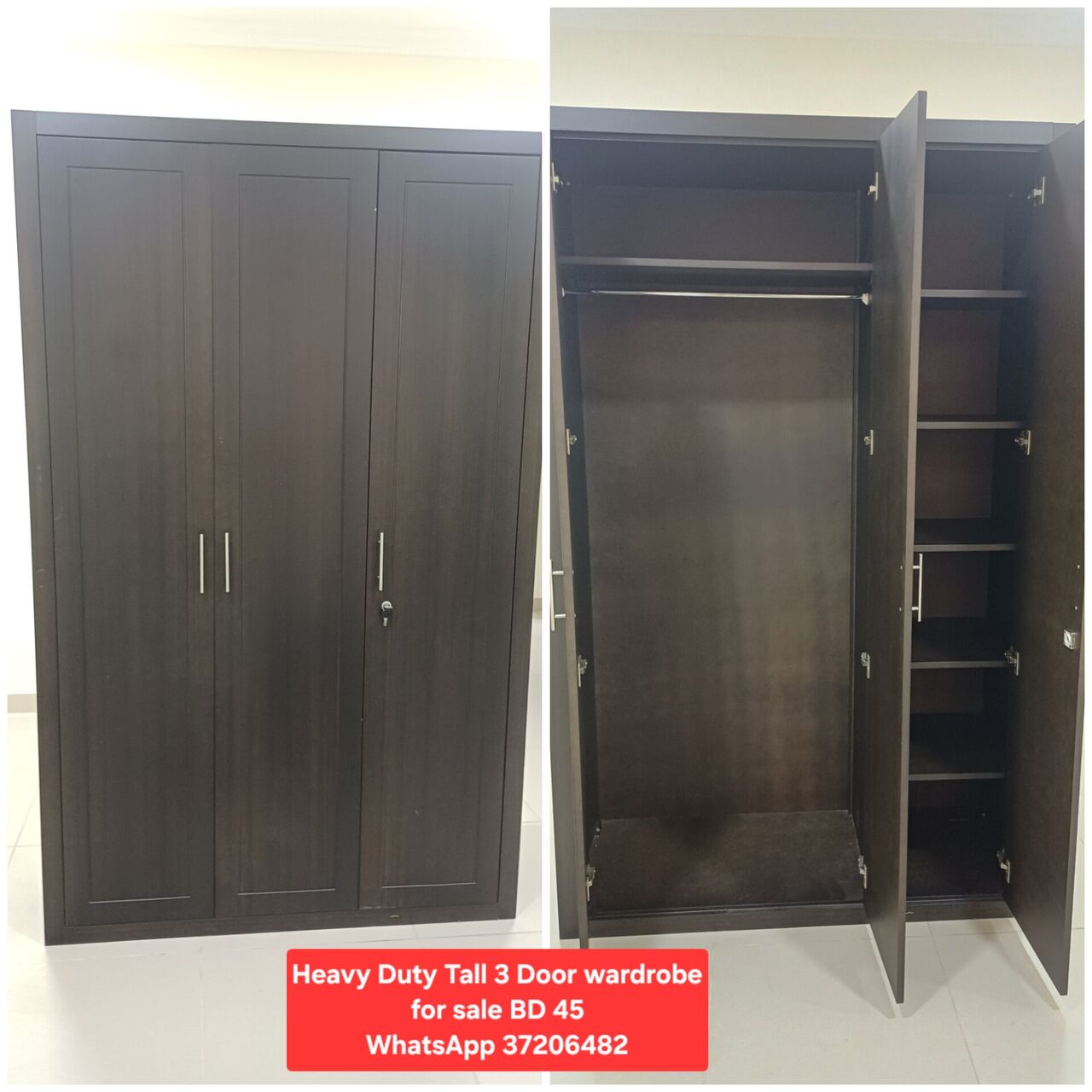 Manama, Furniture, BHD 45,  ✅️ Heavy Duty 3 Door Tall Wardrobe For Sale In Good Condition With Delivery