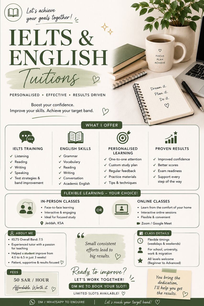 Riyadh, Lessons Offered, IELTS/ ENGLISH TUTORING