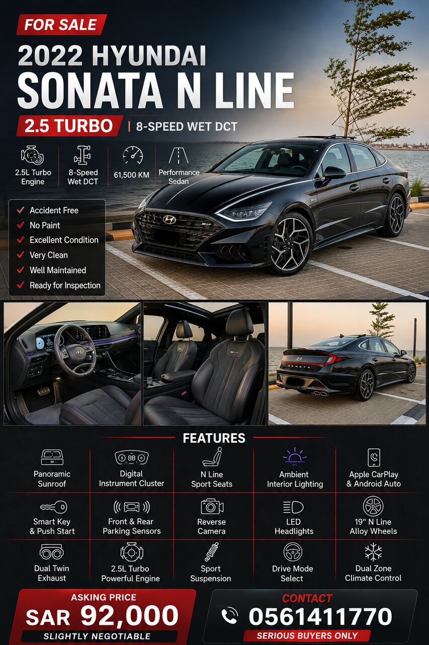 Dammam, Vehicles, Cars & Trucks , SAR 92000,  Hyundai Sonata N Line,  2022,  Automatic,  61500 KM,    2.5T Engine Low Mileage
