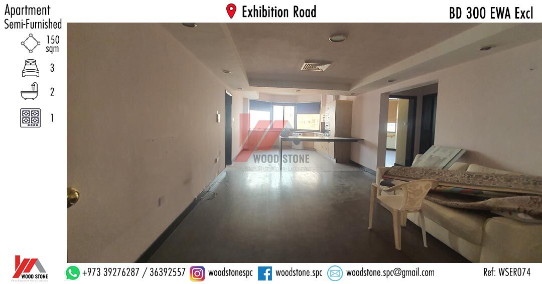Manama, Apartments, Flats, Houses & Villas, BHD 300/month,  3 BR,  150 Sq. Meter,  Semi-Furnished 3 Bedroom Apartment, Exhibition Road - BD 300 Excl WSER074