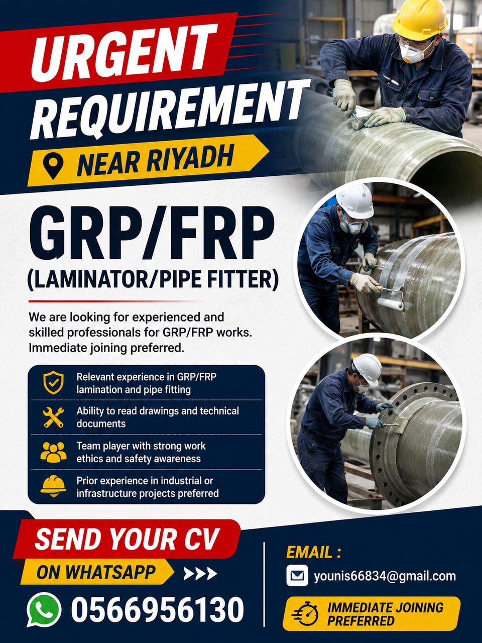 Dammam, Jobs, GRP / FRP LAMINATOR & PIPE FITTER