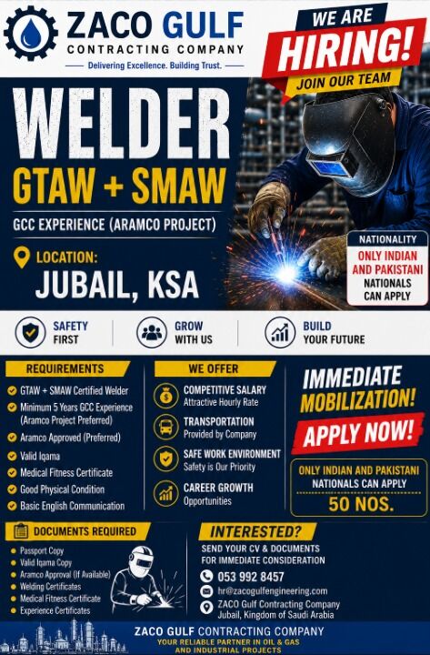 Jubail, Jobs, URGENT REQUIREMENT - WELDER GTAW + SMAW    - SUPPLIER ALSO CONTACT