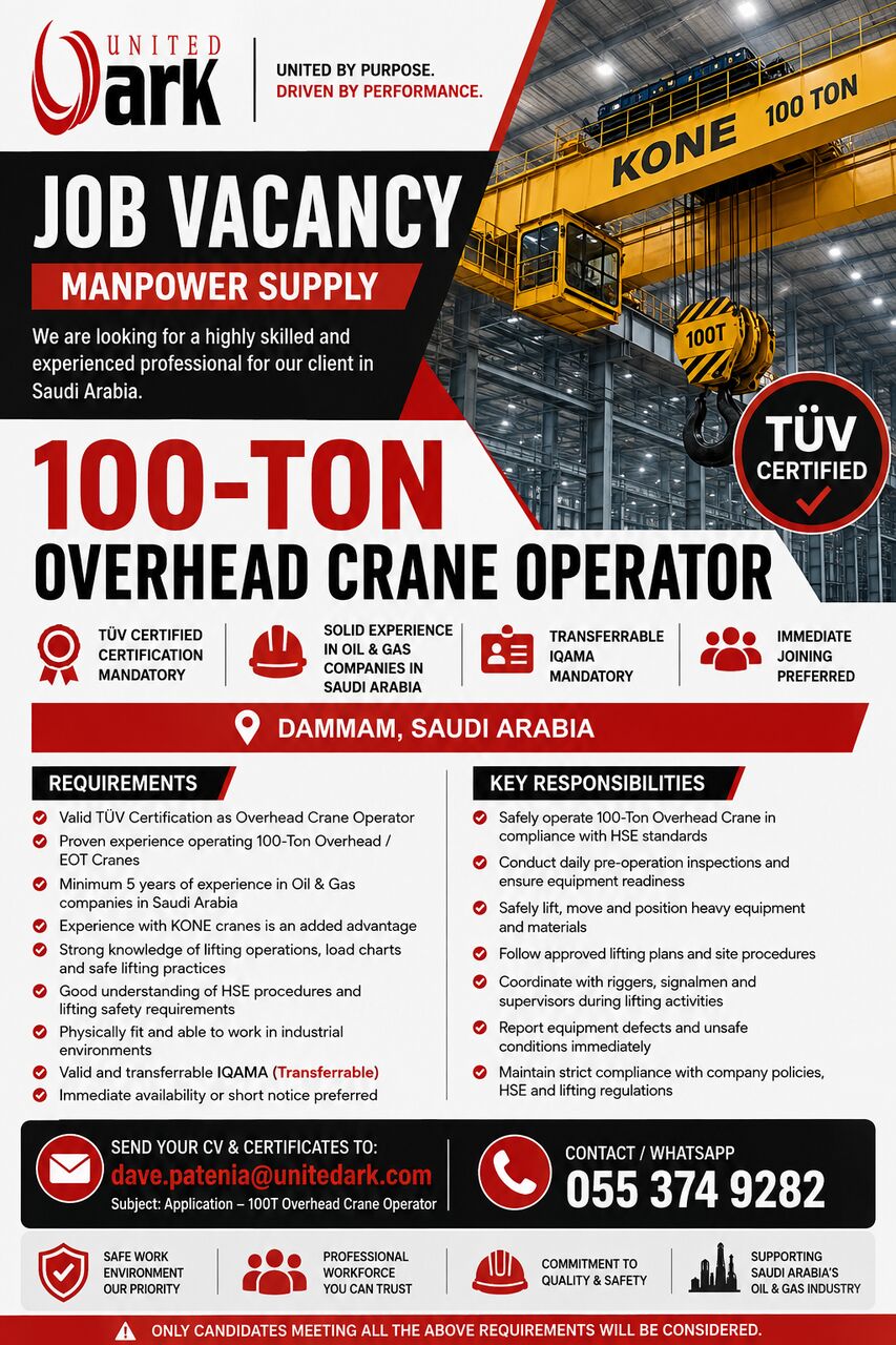 Dammam, Temp Jobs, Are You A TUV Certified Kone 100T Over-head Crane Operator?