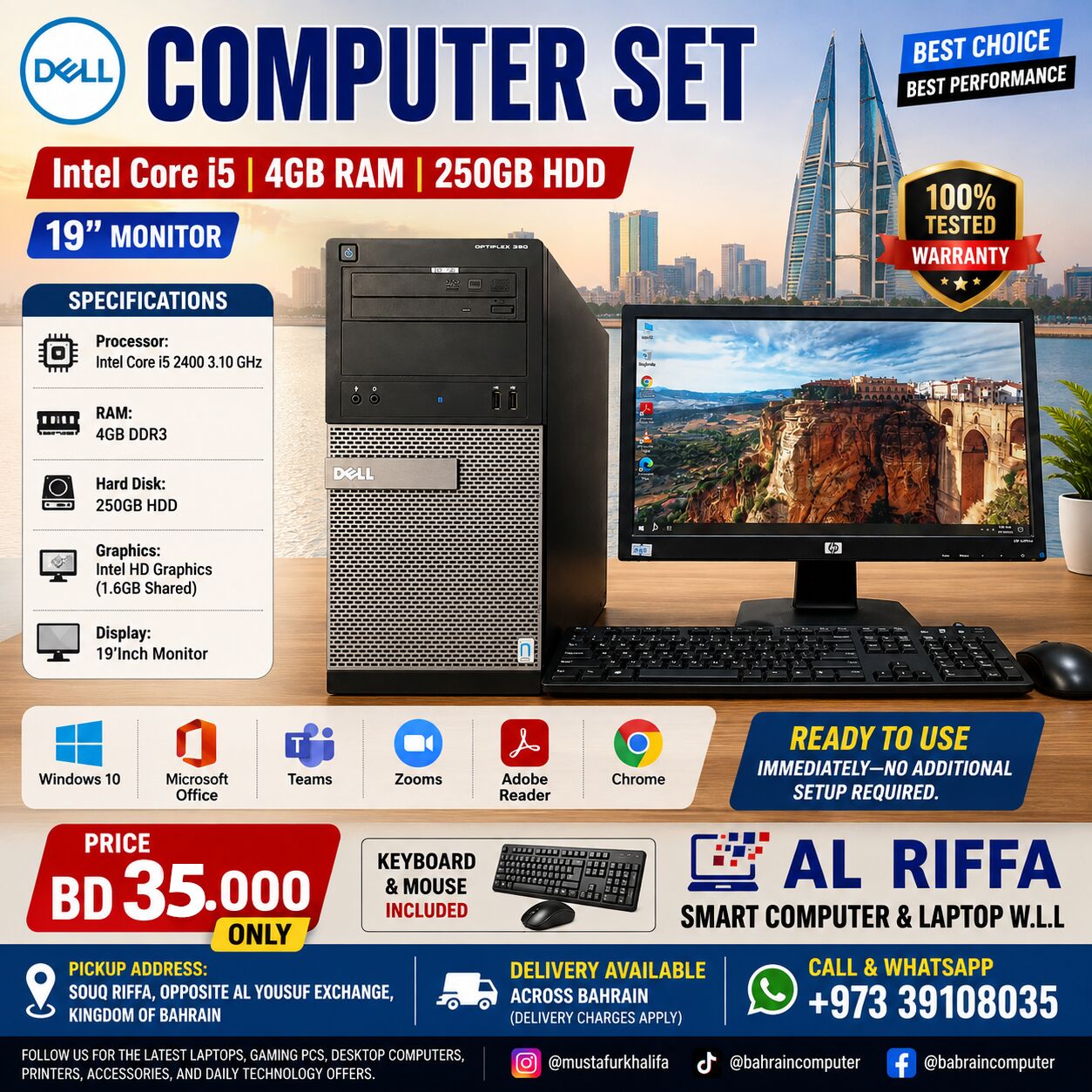 Riffa, Computers, BHD 35,  DELL Computer Set Intel Core I5 4GB/250 HDD 19&rsquo;Inch Monitor 35.000 BD Only