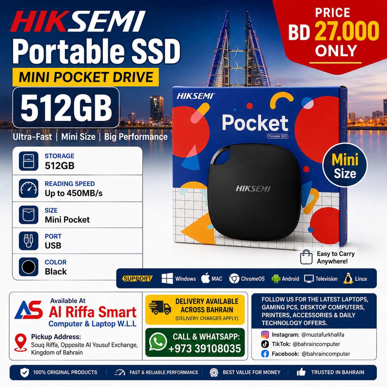Riffa, Computers, BHD 27,  HIKSEMI Portable SSD 512GB Mini Pocket Drive BD 27.000 Only