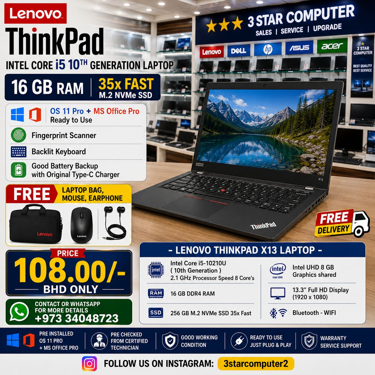 Manama, Tablet Computers, BHD 108,  Lenovo 10th Gen Core I5 Laptop 16GB RAM 35x Fast Working FREE Bag, Mouse & Earphone