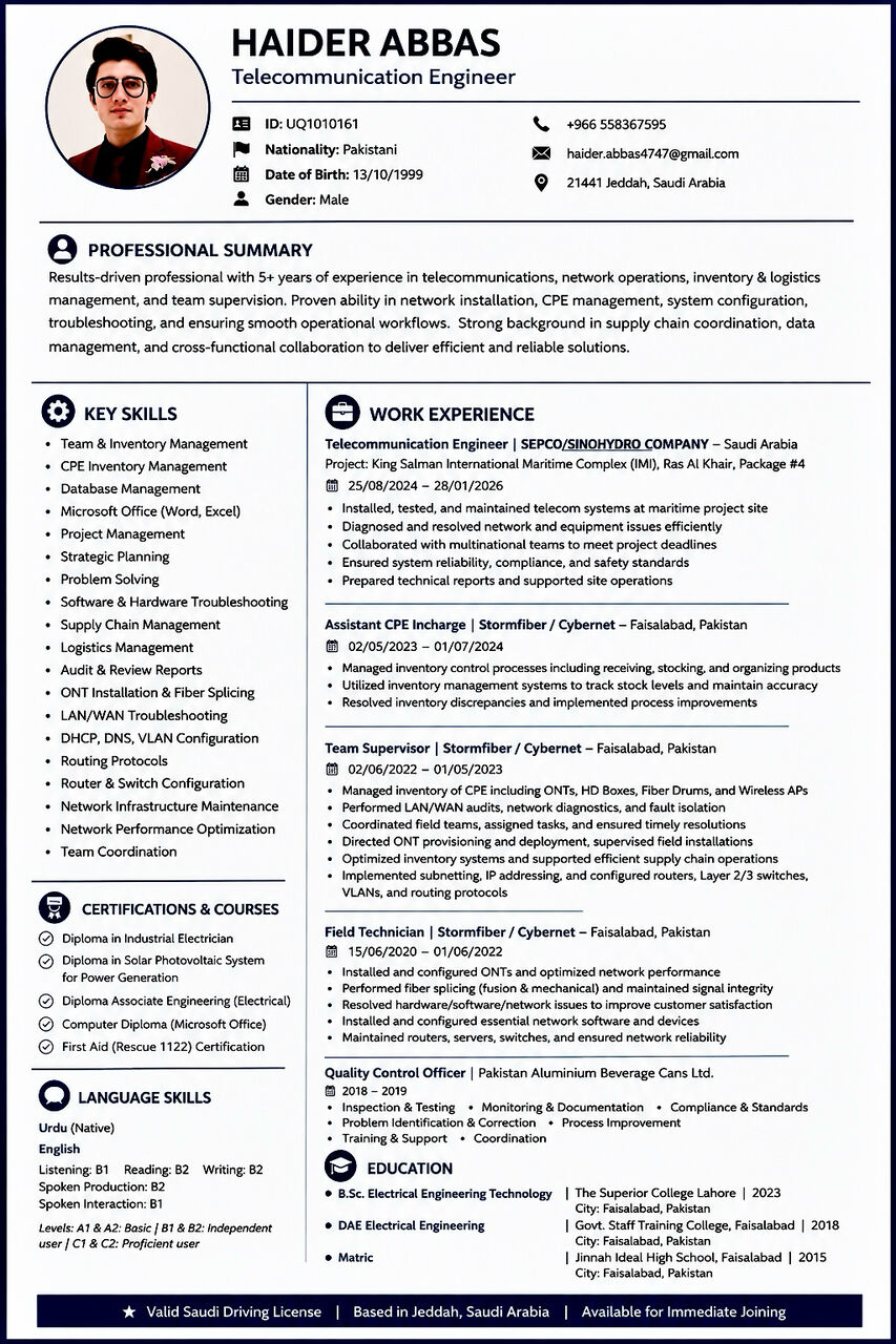 Jeddah, Job Seekers, Experienced Telecom & Operations Engineer & Optical Fiber Engineer Available In Jeddah
