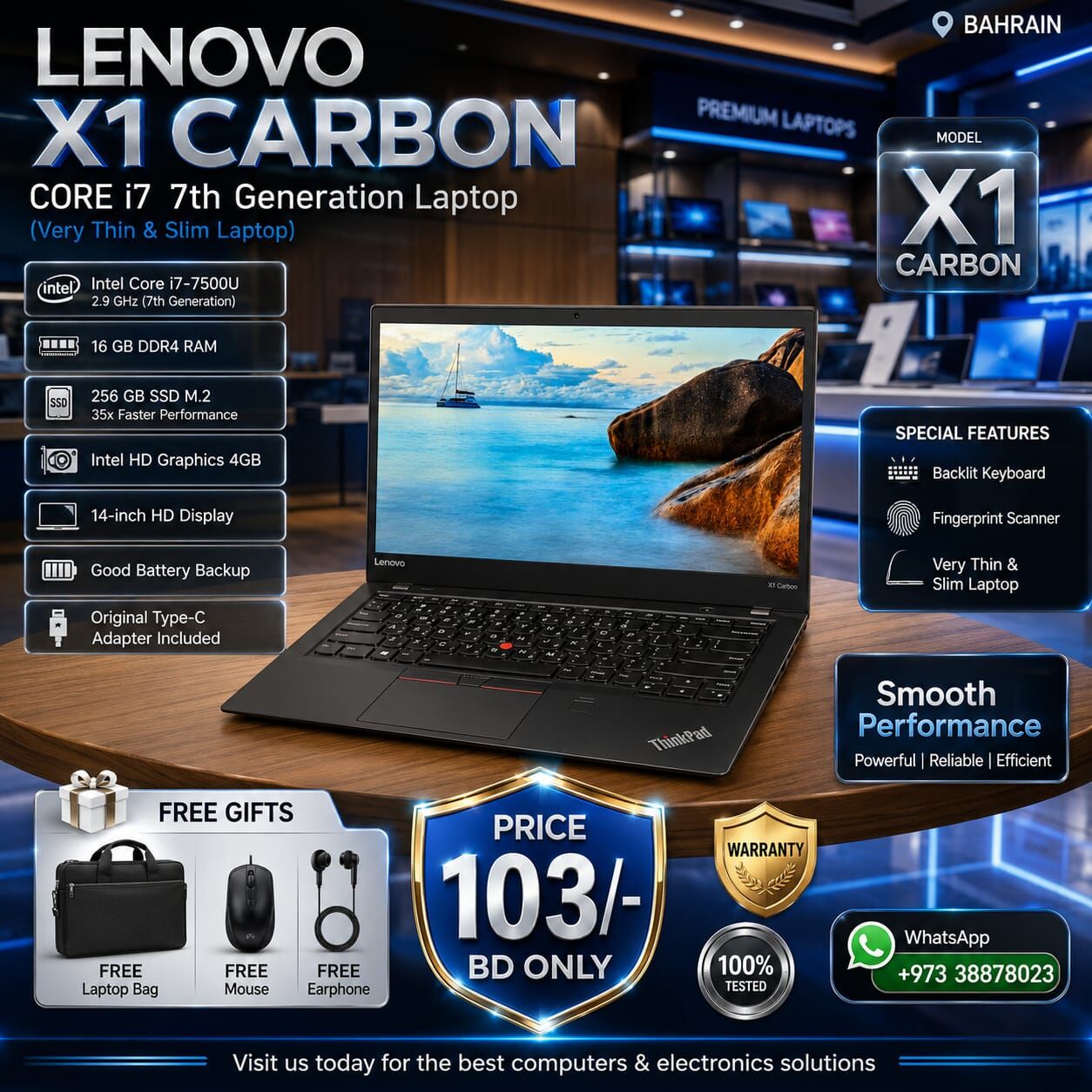 Manama, Computers, BHD 103,  LENOVO X1 CARBON Core I7 Thin & Slim Laptop 14