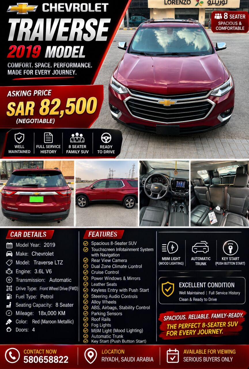 Riyadh, Vehicles, Cars & Trucks , SAR 82500,  Selling Chevrolet Traverse,  2019,  Automatic,  185000 KM,