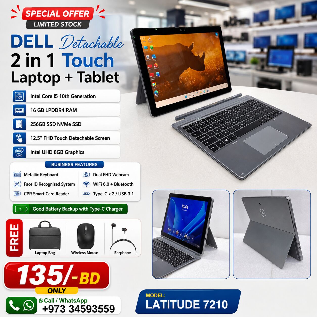 East Riffa, Computers, BHD 135,  DELL Core I5 10th Generation 2 In 1 Touch Laptop + Detachable Tablet 16GB RAM (FREE BAG)