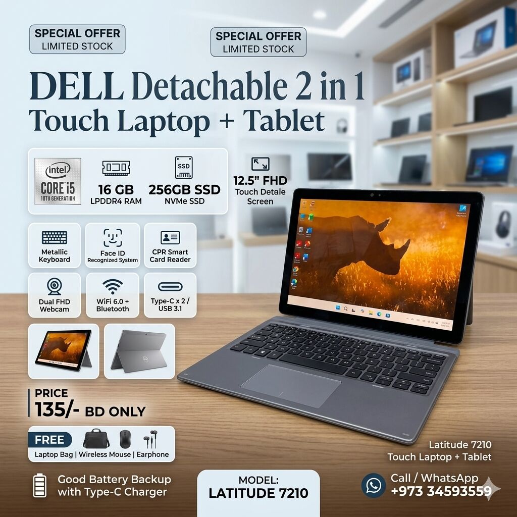 Muharraq, Electronics, BHD 135,  DELL Core I5 10th Generation 2 In 1 Touch Laptop + Detachable Tablet 16GB RAM (FREE BAG)