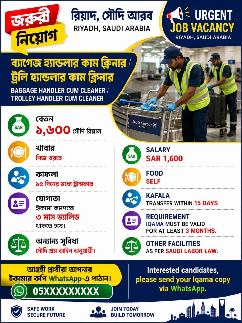Riyadh, Jobs, Airport Luggage Handler Cum Cleaner  Kafala