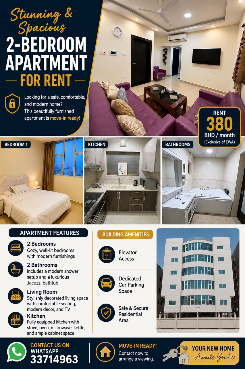 Busaiteen, Apartments, Flats, Houses & Villas, BHD 380/month,  Furnished,  2 BR,  Specious And Safe 2BKH Apartment