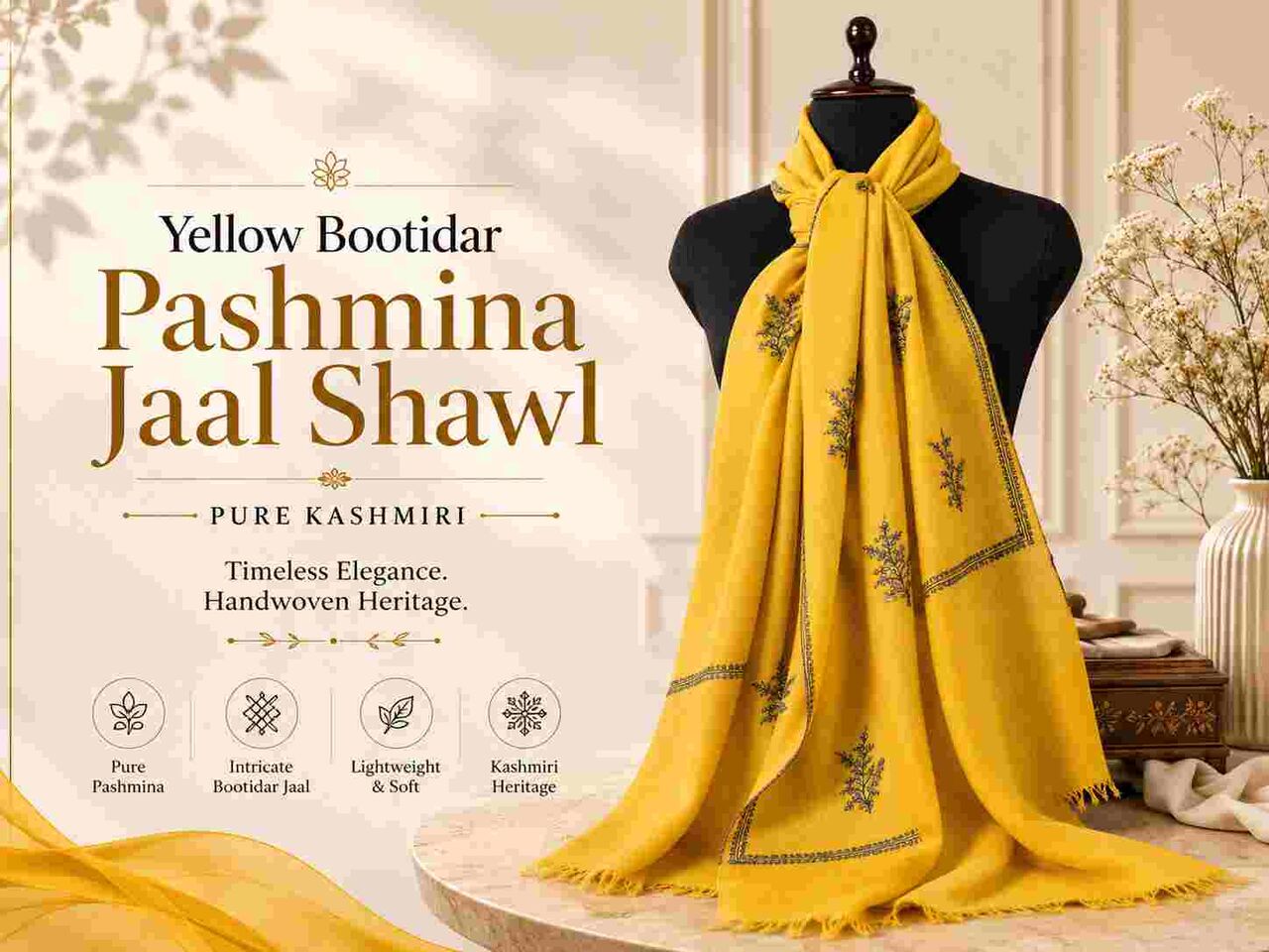 Mumbai, Clothing & Accessories, INR 29,  Yellow Bootidar Pashmina Jaal Shawl &ndash; Pure Kashmiri