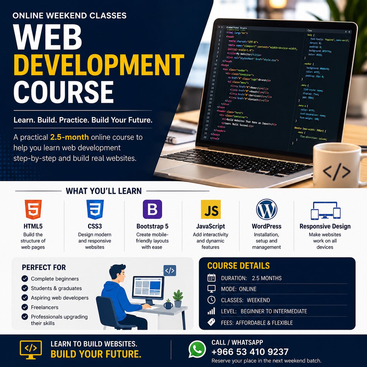 Riyadh, Lessons Offered, Web Development Course | HTML, CSS, JavaScript, Bootstrap & WordPress | 2.5-Month Online