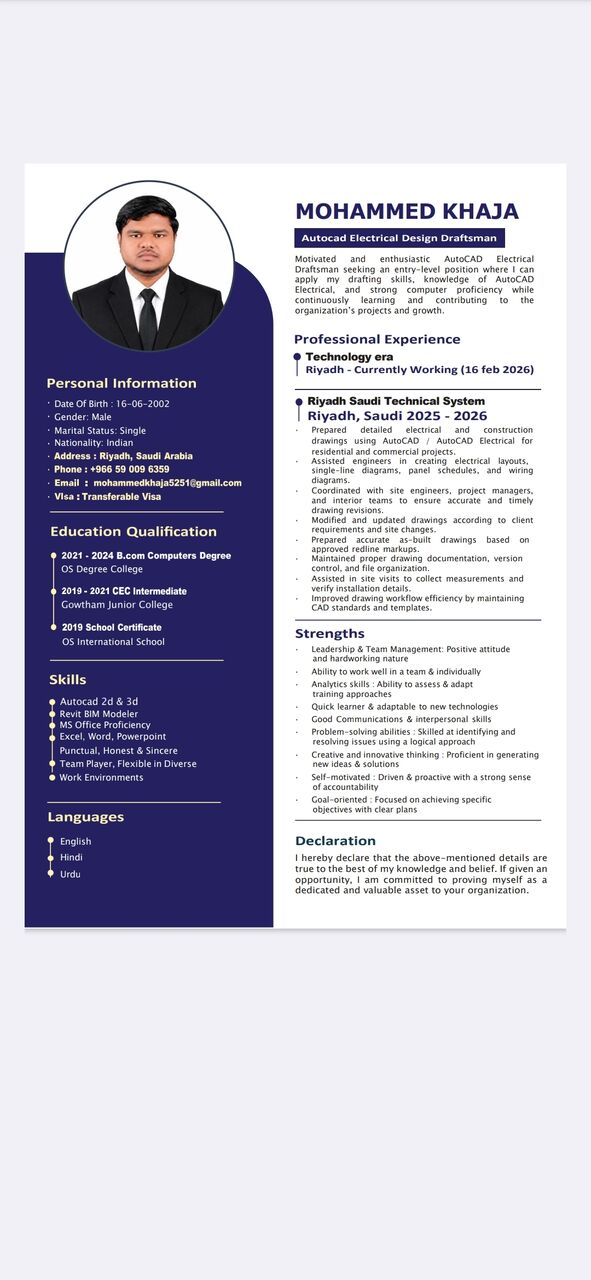 Riyadh, Job Seekers, Autocad Electrical Draftman
