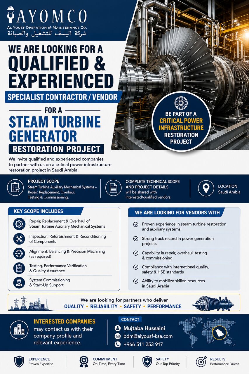 Riyadh, Business Partners, VENDOR REQUIRED &ndash; STEAM TURBINE RESTORATION PROJECT | KSA