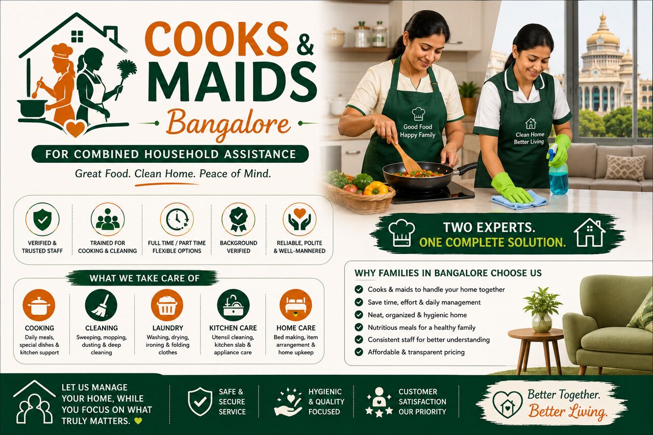 Bangalore, Cleaning, Cooks And Maids Bangalore For Combined Household Assistance