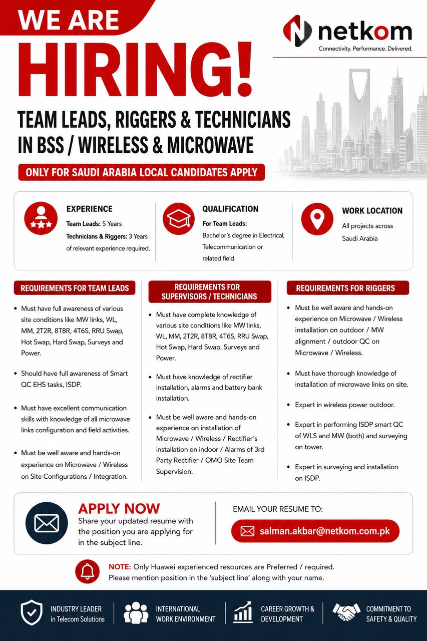 Riyadh, Jobs, BSS - Team Lead / Rigger / Technician + Driver - ONLY SAUDI LOCAL