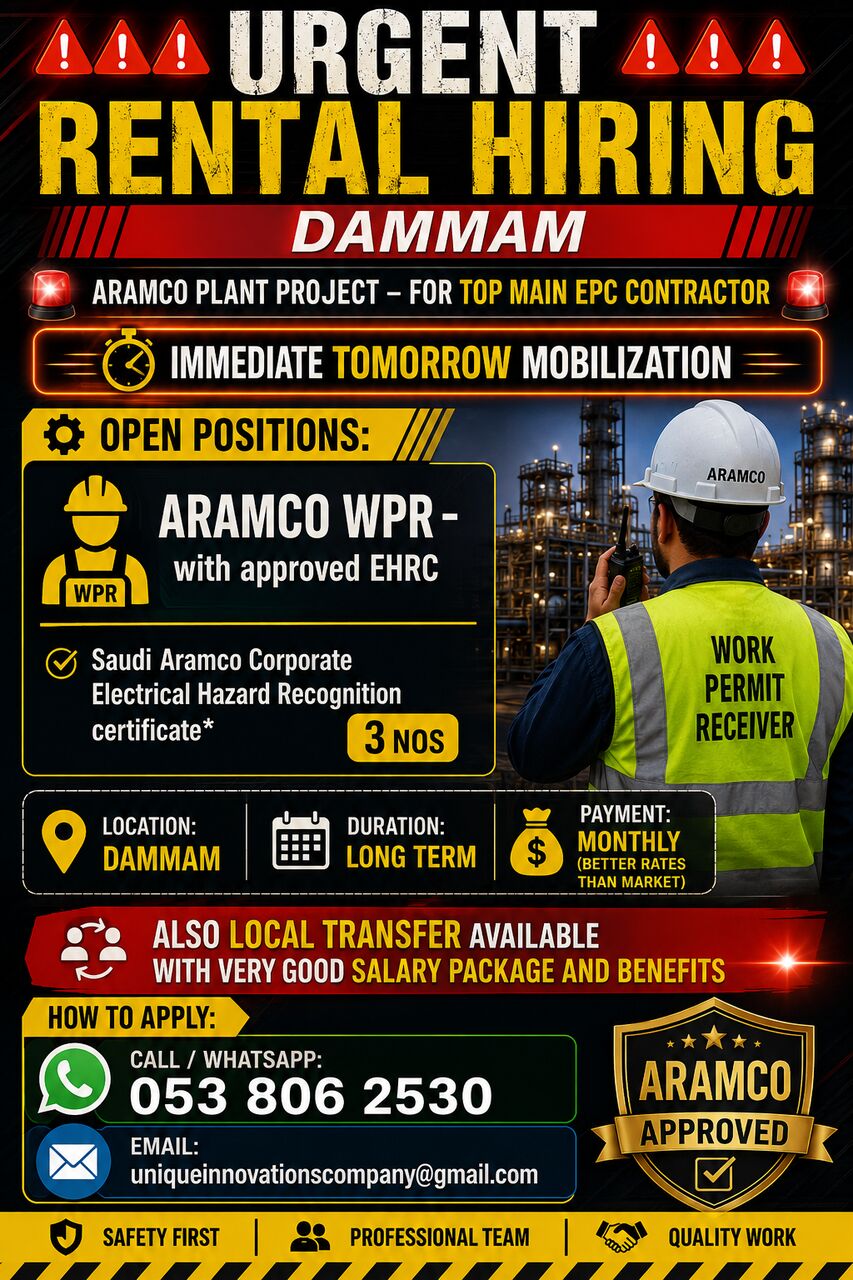 Dammam, Jobs, URGENT RENTAL HIRING | DAMMAM (ARAMCO PLANT PROJECT &ndash; MAIN EPC CONTRACTOR)