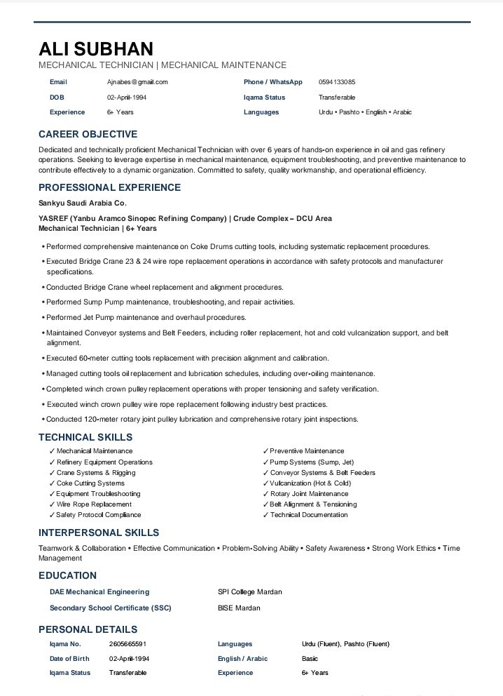 Dammam, Job Seekers, I Am Ali Subhan And  I Am A Mechanical Maintenance Technician With More Than 6 Years Of Ex
