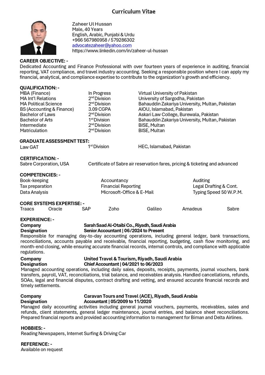 Riyadh, Job Seekers, Accountant/ Senior Accountant/ Chief Accountant/ Payroll Specialist/ AR & AP Manager