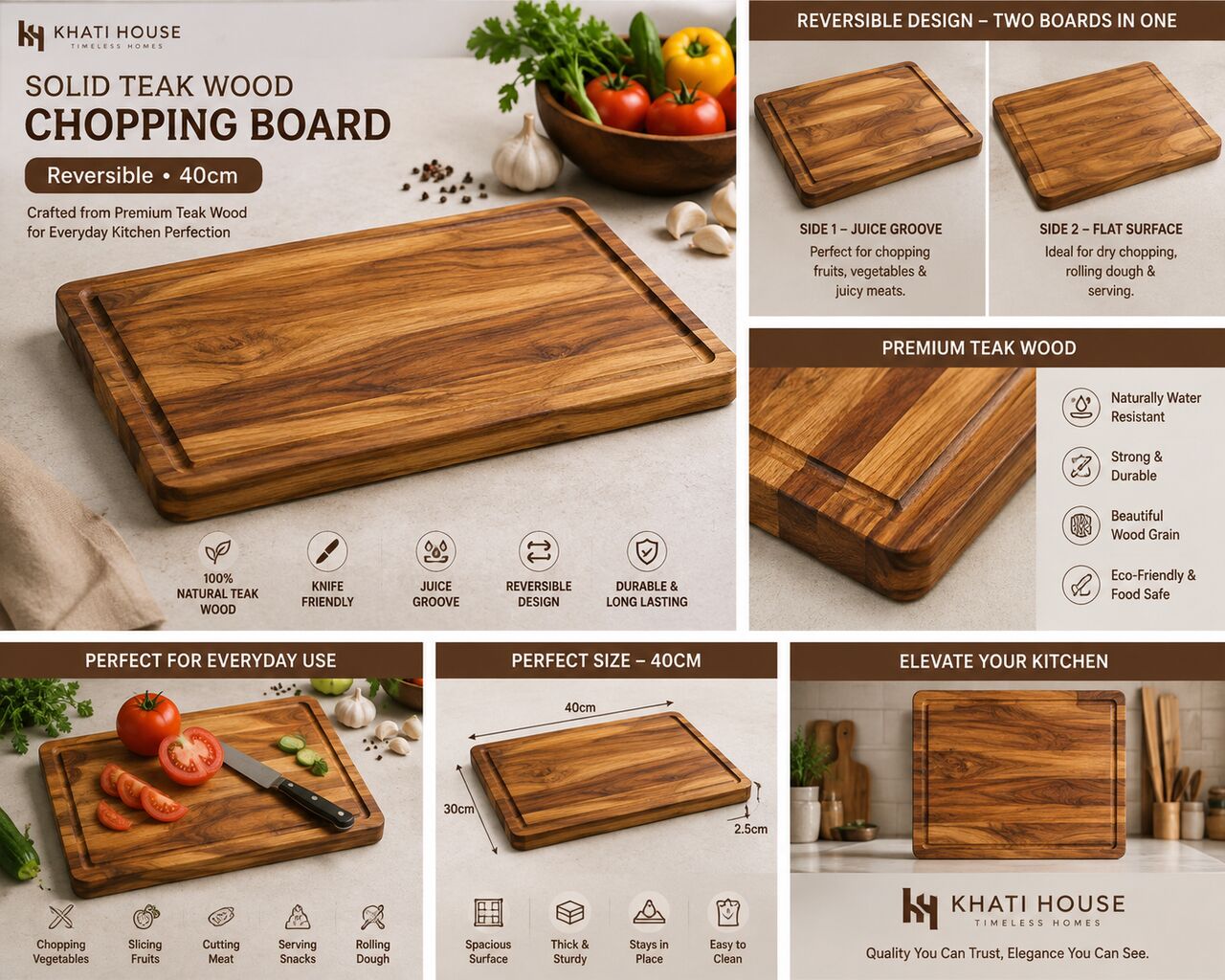San Diego, Interior Design, Solid Teak Wood Chopping Board &ndash; Reversible, 40cm